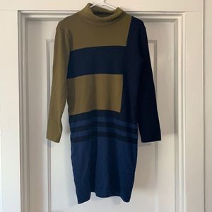 Andrea Jovine Sweater Dress 100% Wool Size Large Olive Green and Navy Blue